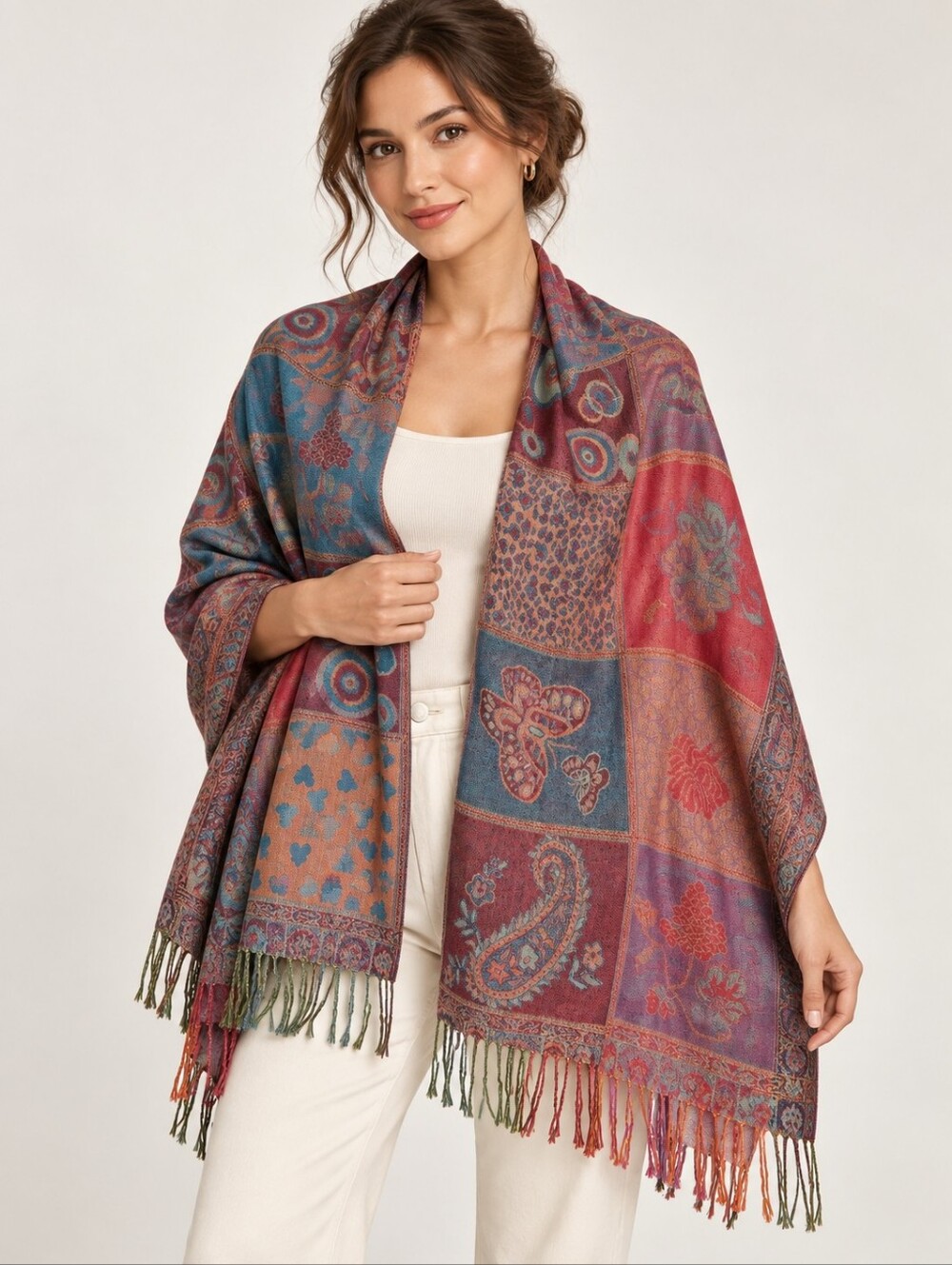 Boho Patchwork Paisley Pashmina Style Shawl Wrap Fringe Multicolor